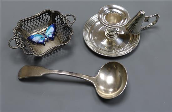 A modern silver chamberstick, a silver bon bon dish, a George III silver sauce ladle and butterfly brooch.